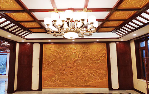 唐山中式别墅客厅中式木作横梁吊顶装饰展示